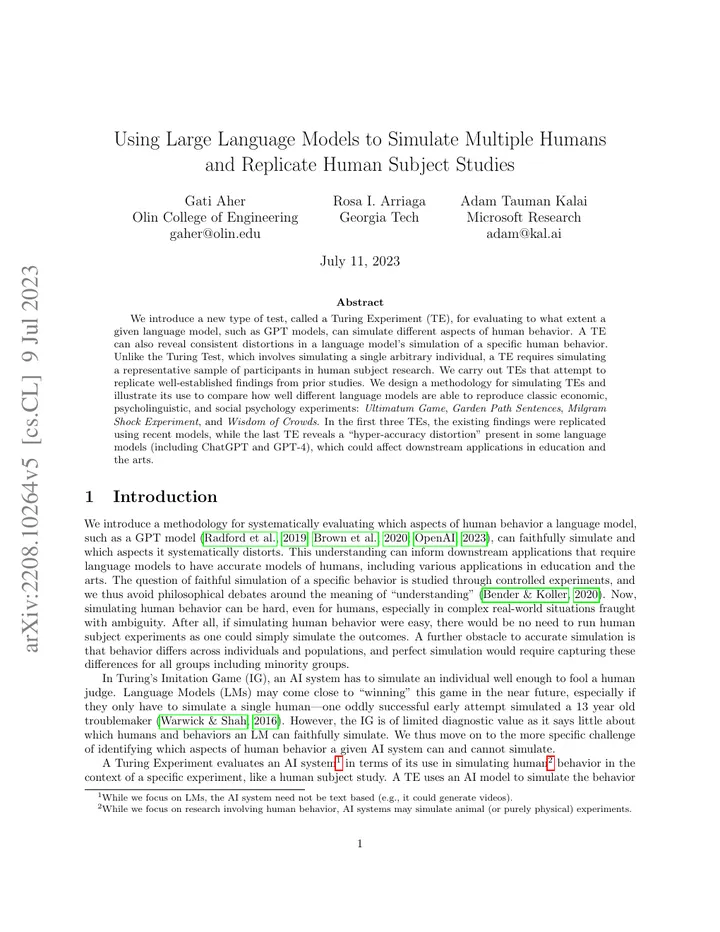 Aher, Arriaga and Kalai, 2022 · arXiv:2208.10264, first page